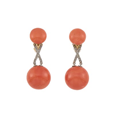 Lot 2140 - Pair of Platinum, Gold, Coral and Diamond Pendant-Earrings