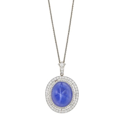 Lot 139 - Frank Walter Lawrence Platinum, Gold, Star Sapphire and Diamond Pendant-Brooch with Chain Necklace
