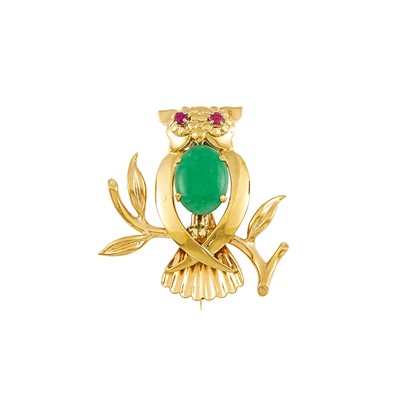 Lot 2048 - Tiffany & Co. Gold, Jade and Ruby Owl Brooch