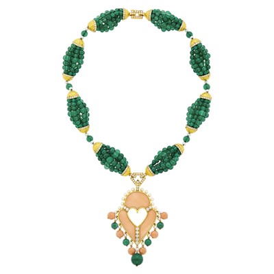 Lot 248 - Cartier Multistrand Chrysoprase Bead, Gold, Angel Skin Coral, Diamond and Cultured Pearl Pendant-Necklace, France