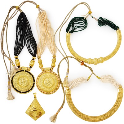 Lot 2190 - Four Gilt-Metal, Seed Pearl and Black Onyx Necklaces and Pendant