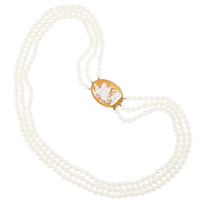 Lot 2245 - Triple Strand Cultured Pearl Necklace with Gold and Cameo Clasp