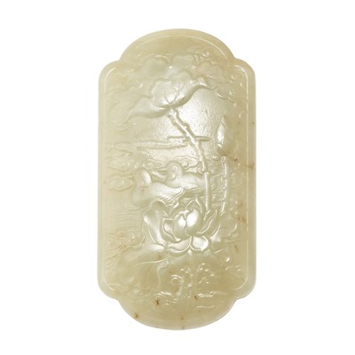 Lot 43 - A Chinese Celadon Jade Plaque