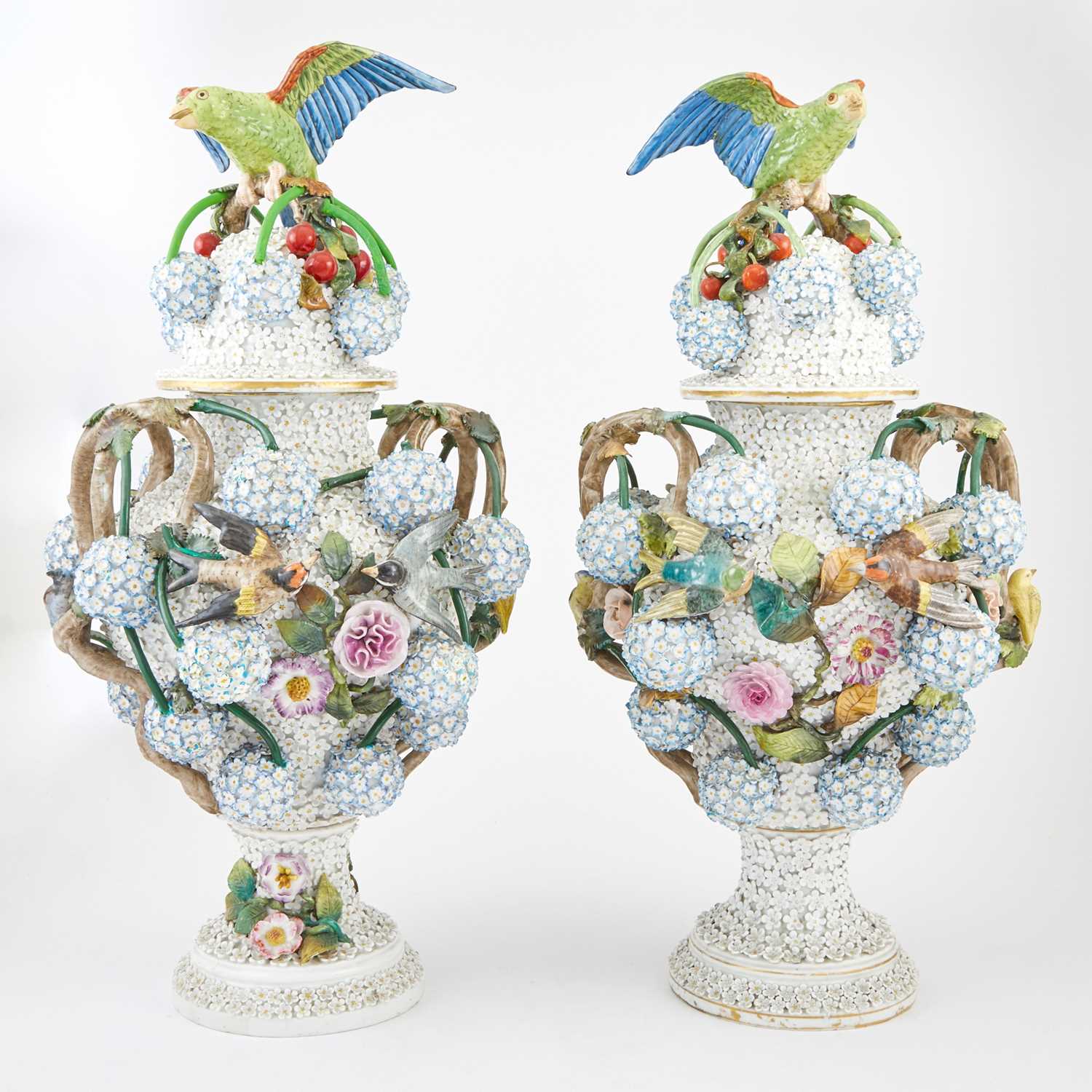 Lot 458 - Pair of Meissen Style Porcelain Snowball 'Schneeballen' Covered Vases