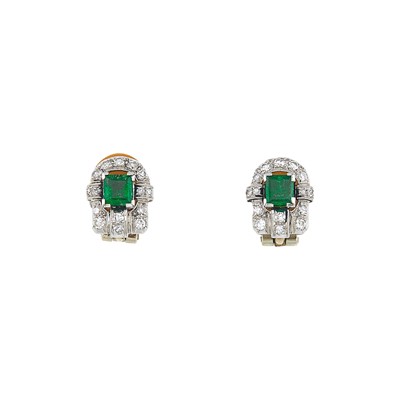 Lot 1133 - Pair of Platinum, White Gold, Emerald and Diamond Earclips