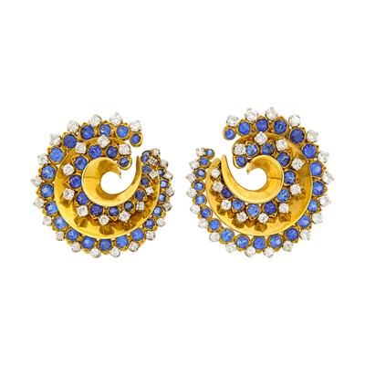 Lot 259 - Van Cleef & Arpels Pair of Gold, Platinum, Sapphire and Diamond Clip-Brooches