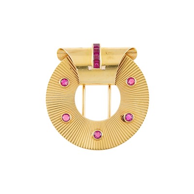 Lot 2155 - Gold and Ruby Clip-Brooch