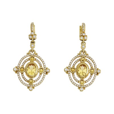 Lot 2142 - Judith Ripka Pair of Gold, Citrine and Diamond Pendant-Earrings