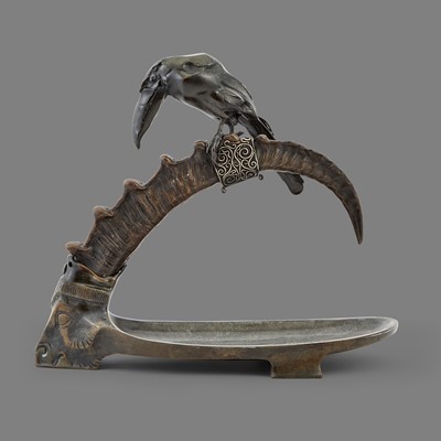 Lot 518 - German Patinated Bronze and Animal Horn Animalier Vide-Poche