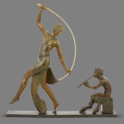 Lot 514 - French Art Deco Parcel Gilt and Patinated Bronze Figural Group of a  Thyrsus Dancer and Seated Faun