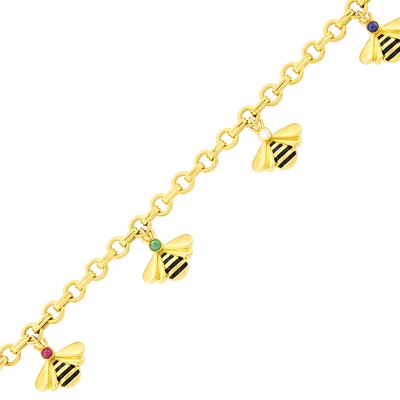 Lot 82 - Cartier Gold, Enamel, Cabochon Gem-Set and Diamond Bee Charm Bracelet