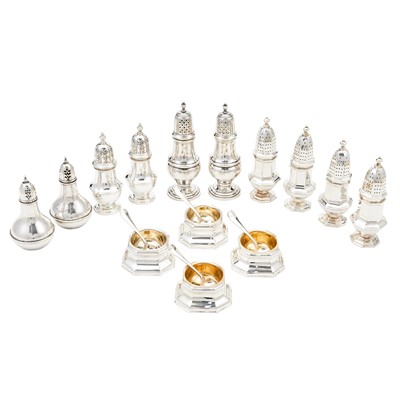 Lot 139 - Set of Four James Robinson Sterling Silver Open Salts and Spoons and Four Pepper Casters