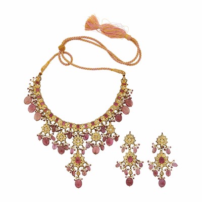 Lot 57 - Indian Gold, Jaipur Enamel, Foil-Backed Diamond and Pink Tourmaline and Freshwater Pearl Fringe Necklace and Pair of Pendant-Earrings