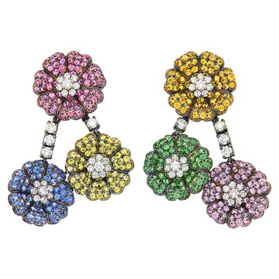 Lot 97 - Adler Pair of Blackened Gold, Multicolored Sapphire and Diamond Flower Pendant-Earclips
