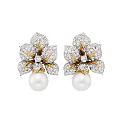 Lot 212 - Adler Pair of Two-Color Gold, Diamond and South Sea Cultured Pearl Flower Pendant-Earclips