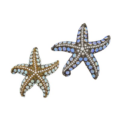 Lot 69 - Pair of Two-Color Gold, Opal and Diamond Starfish Pendant-Brooches