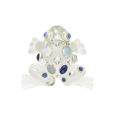 Lot 150 - Seaman Schepps Carved Rock Crystal, White Gold and Cabochon Gem-Set Frog Clip-Brooch