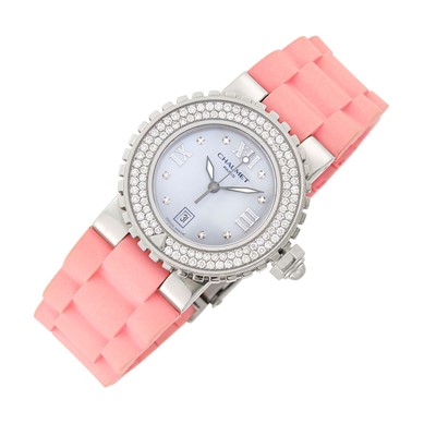 Lot 71 - Chaumet Stainless Steel, Gray Mother-of-Pearl and Diamond 'Entanche 100 M' Wristwatch