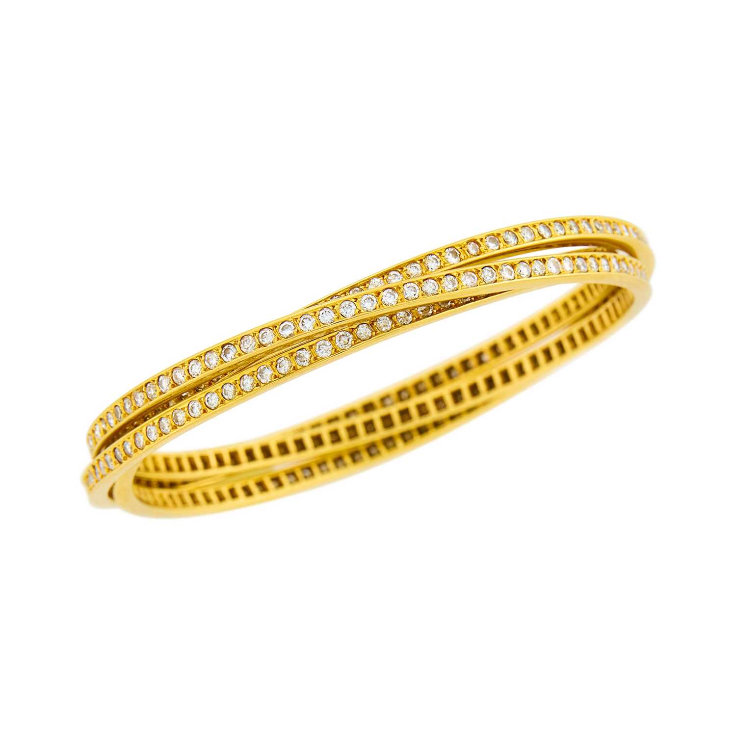 Lot 45 - Cartier Gold and Diamond 'Trintiy' Rolling Bangle Bracelet, France