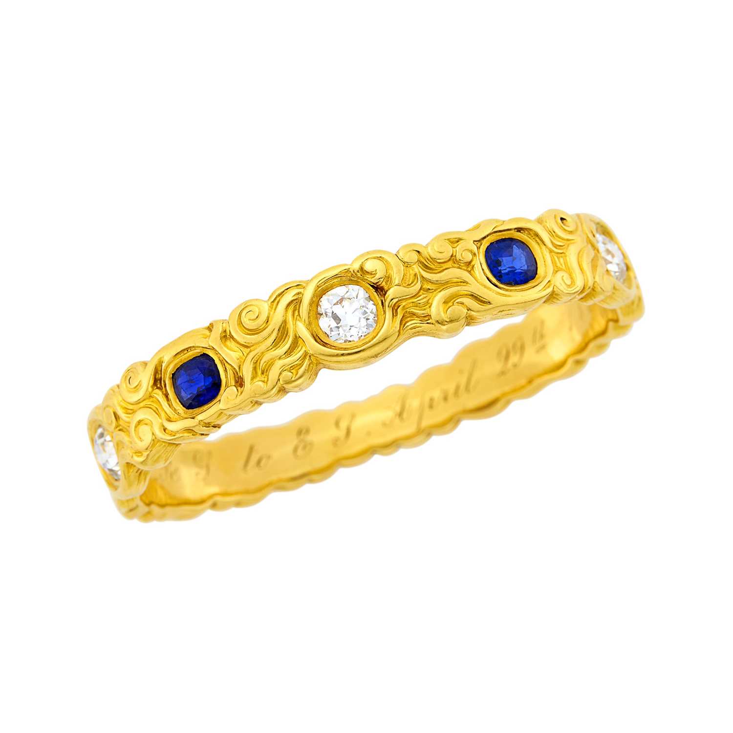 Lot 80 - Tiffany & Co. Art Nouveau Gold, Diamond and Sapphire Bangle Bracelet
