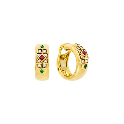 Lot 221 - Cartier Pair of Gold, Colored Stone and Diamond Hoop Earrings