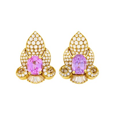 Lot 220 - Bulgari Pair of Gold, Pink Sapphire and Diamond Earclips
