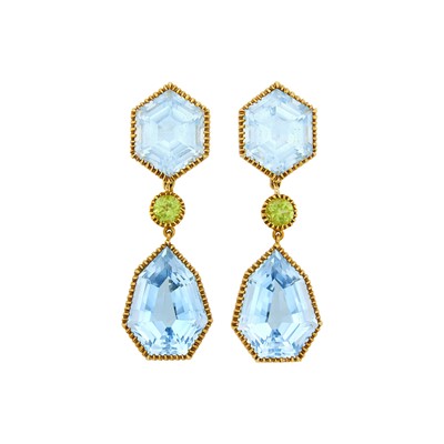 Lot 138 - Verdura Pair of Gold, Blue Topaz and Peridot 'Byzantine' Pendant-Earclips