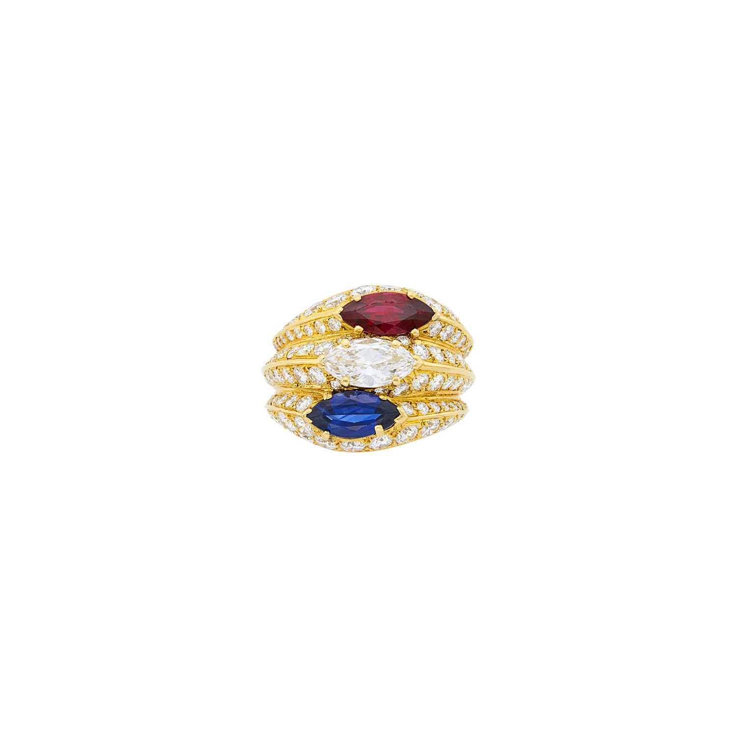 Lot 44 - Mauboussin Paris Gold, Diamond, Sapphire, Ruby and Diamond Three Band Ring