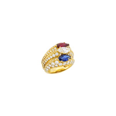Lot 44 - Mauboussin Paris Gold, Diamond, Sapphire, Ruby and Diamond Three Band Ring
