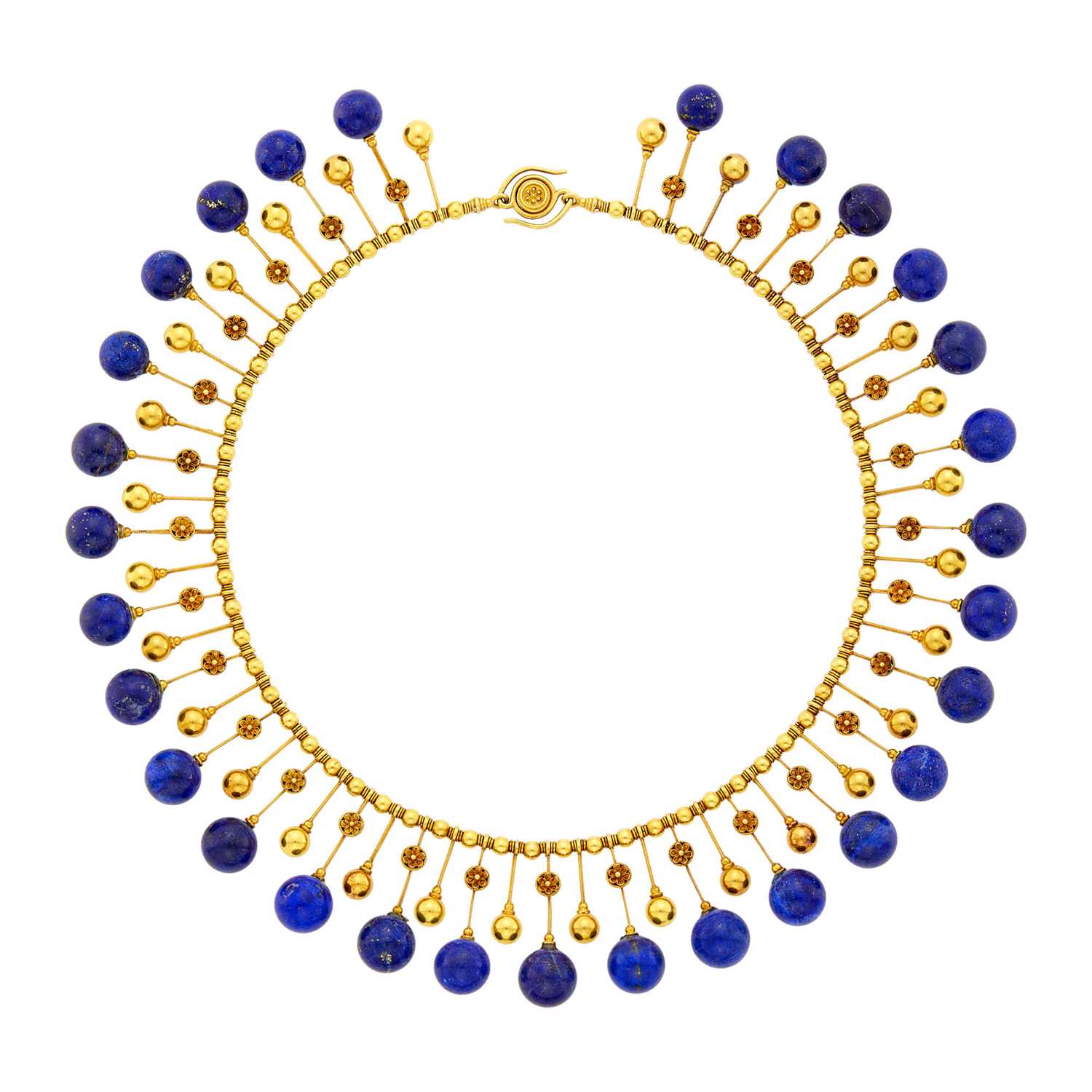 Lot 82 - Archaeological Revival Gold and Lapis Bead Fringe Necklace