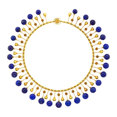 Lot 82 - Archaeological Revival Gold and Lapis Bead Fringe Necklace