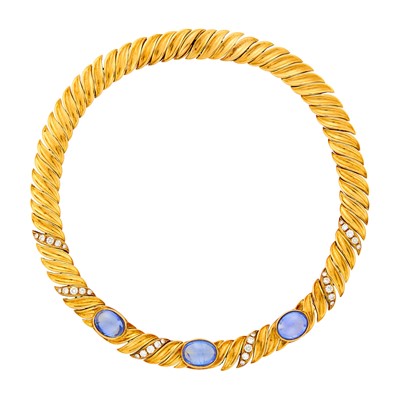 Lot 238 - Gold, Cabochon Sapphire and Diamond Necklace