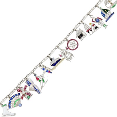 Lot 175 - Platinum, Gold, Diamond and Gem-Set Charm Bracelet