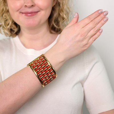 Lot 2 - Gold and Coral Cuff Bangle Bracelet