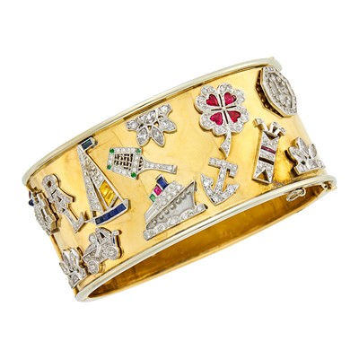 Lot 173 - Gold, Platinum, Diamond and Gem-Set Charm Cuff Bangle Bracelet