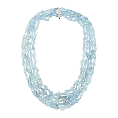 Lot 149 - Repossi Long Five Strand Tumbled Aquamarine Bead, White Gold, Diamond and Cabochon Sapphire Necklace