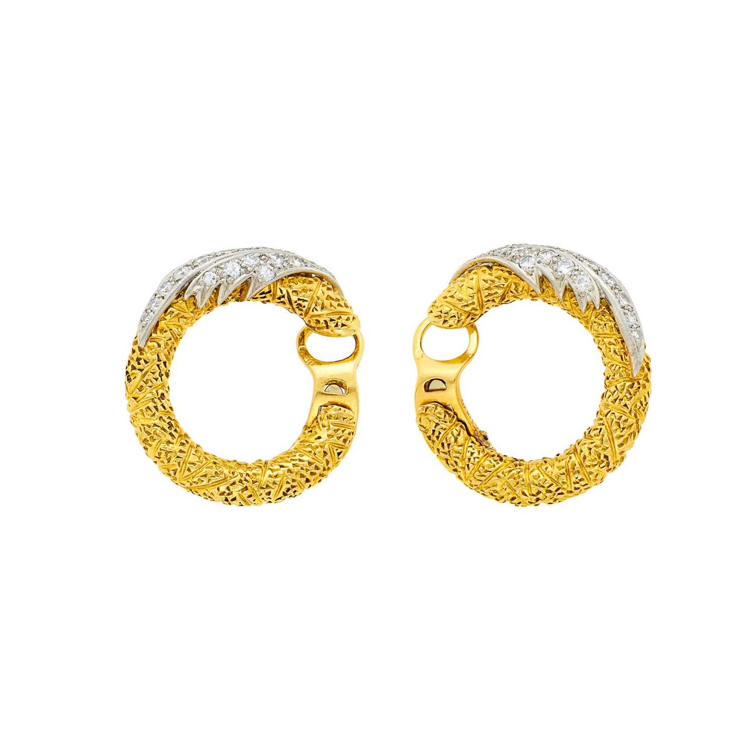 Lot 63 - Van Cleef & Arpels Pair of Gold, Platinum and Diamond Hoop Earclips, France
