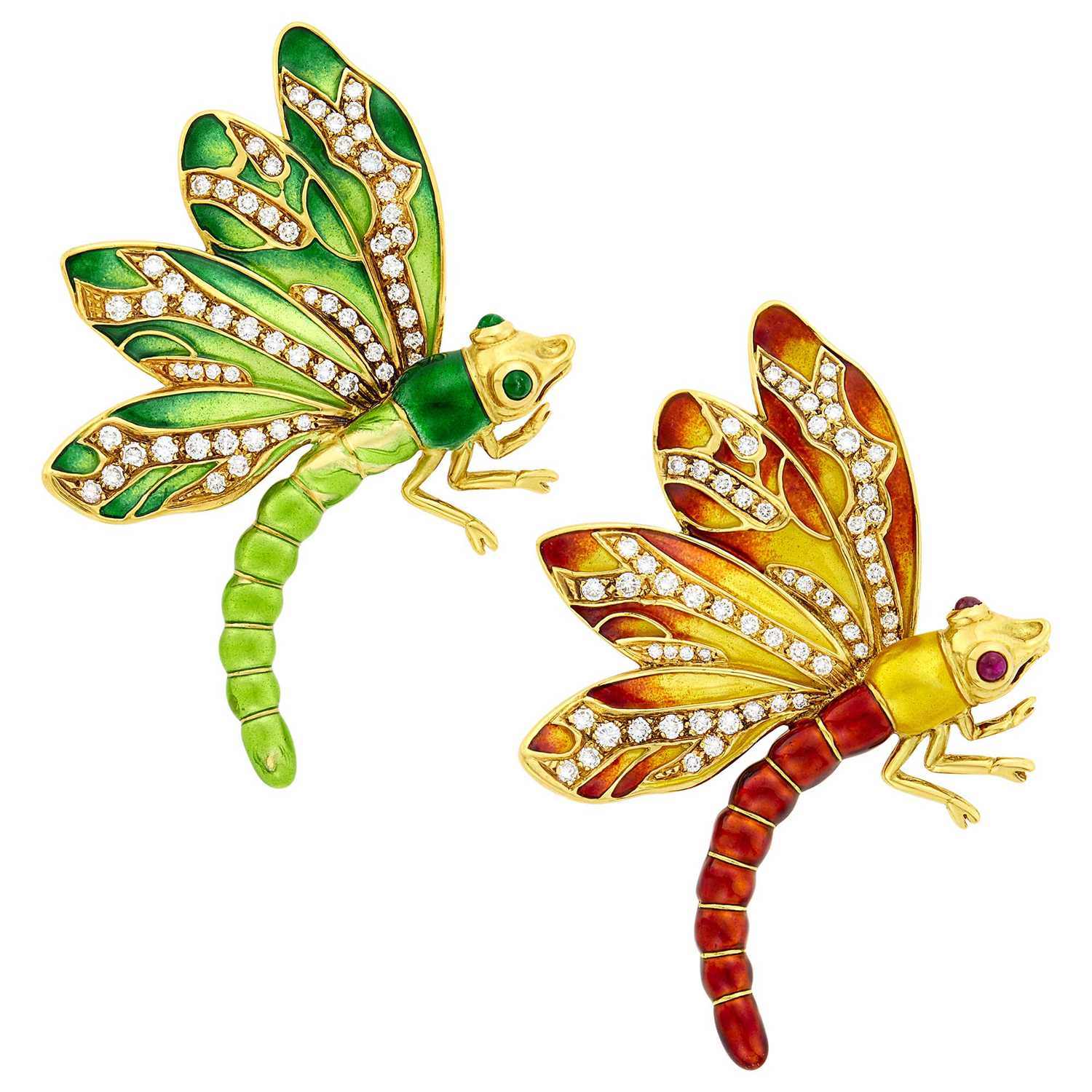 Lot 205 - Pair of Gold, Enamel, Diamond and Gem-Set Dragonfly Clip-Brooches