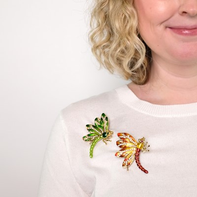 Lot 205 - Pair of Gold, Enamel, Diamond and Gem-Set Dragonfly Clip-Brooches