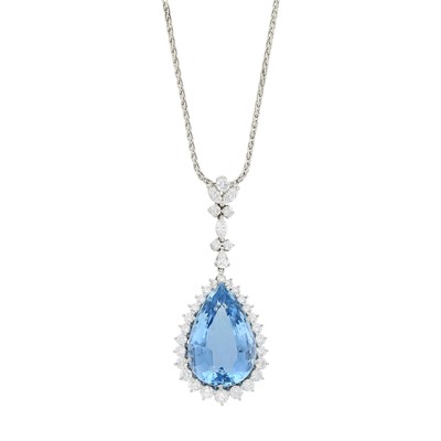Lot 134 - Platinum, Aquamarine and Diamond Pendant with Platinum Chain Necklace