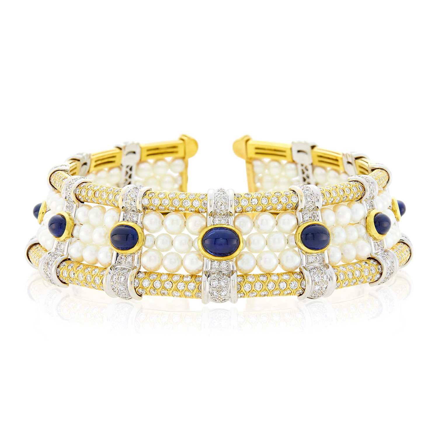 Lot 38 - Bulgari Wide Two-Color Gold, Cultured Pearl, Cabochon Sapphire and Diamond Choker Necklace