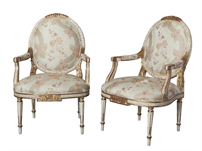 Lot 345 - Pair of Louis XVI Style Painted and Parcel Gilt Fauteuils
