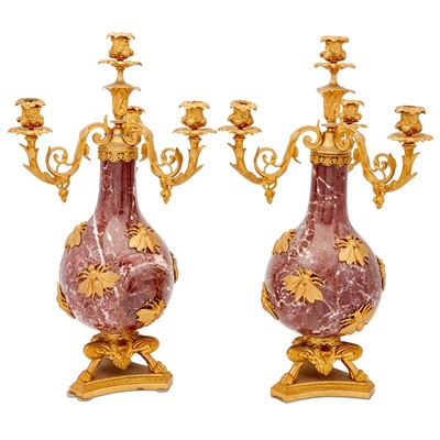 Lot 308 - Pair of Louis XVI Style Gilt-Metal Mounted Marble Four-Light Candelabra