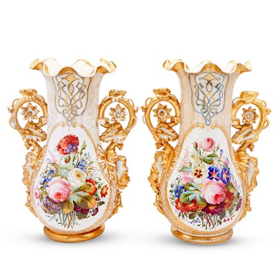 Lot 323 - Pair of Paris Porcelain Gilt and Floral Decorated Two-Handled  Vases
