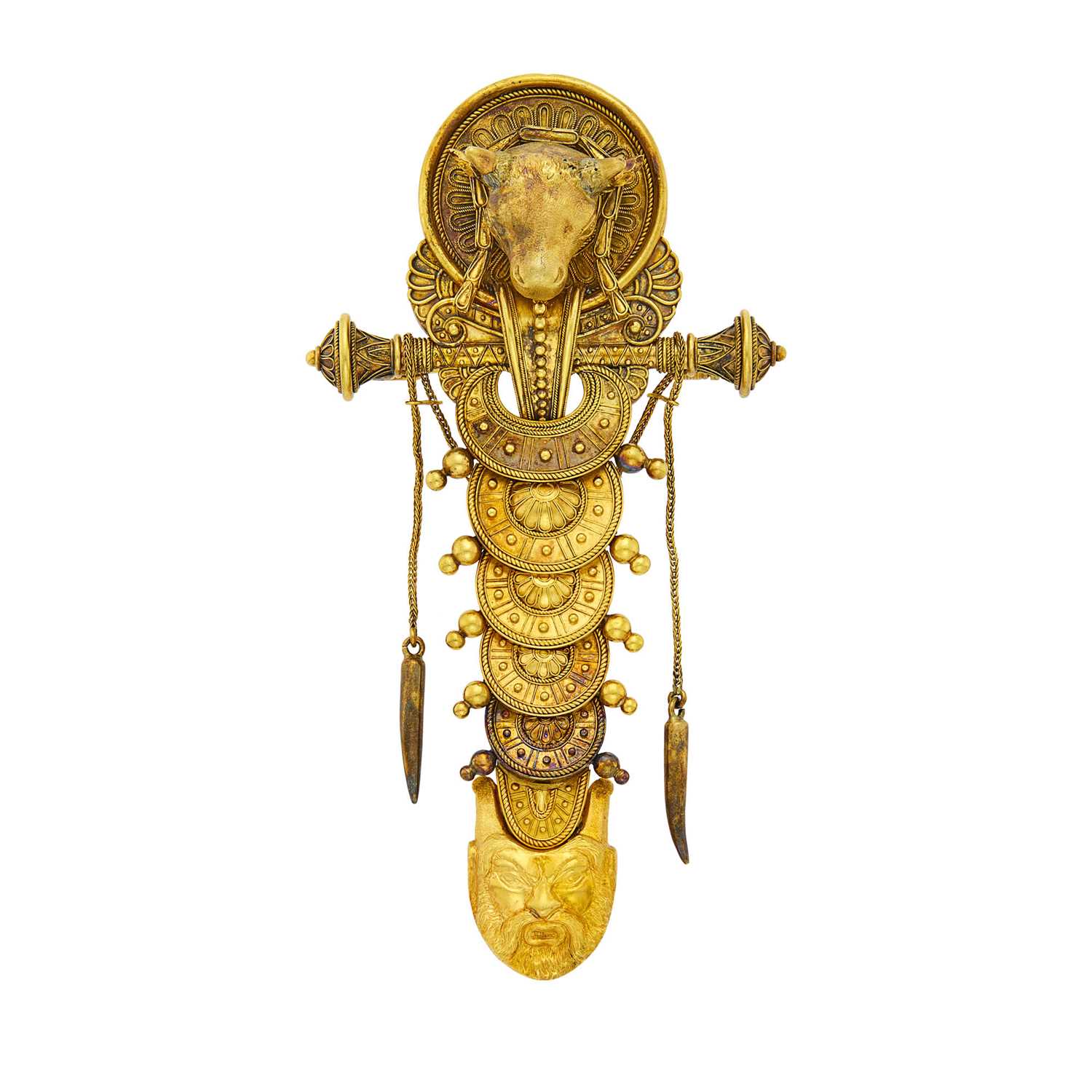 Lot 85 - Etruscan Revival Gold Bull’s Head Brooch, Attributed to Ernesto Pierret