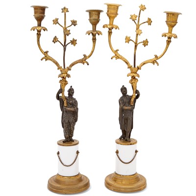 Lot 246 - Pair of Regency Style Bronze, Gilt-Metal and Porcelain Two-Light Candelabra