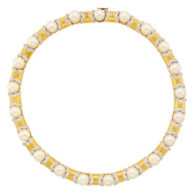 Lot 53 - Two-Color Gold, Cultured Pearl and Diamond Necklace