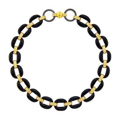 Lot 81 - Gold, Black Onyx and Diamond Link Necklace