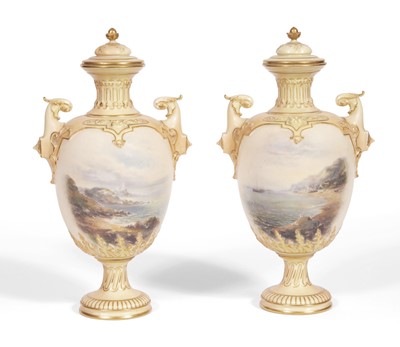 Lot 267 - Pair of Royal Worcester Porcelain 'Mumbles' Coastal Scene Two-Handled Garniture Vases and Covers