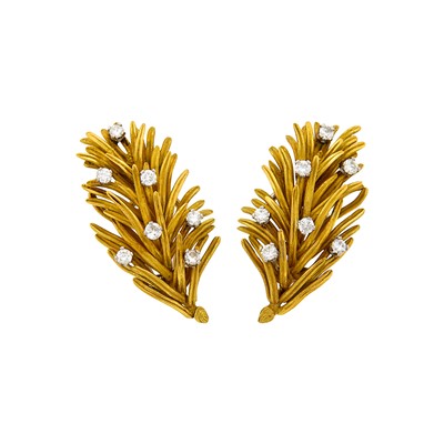 Lot 172 - Tiffany & Co. Pair of Gold and Diamond Pine Leaf Earclips, France